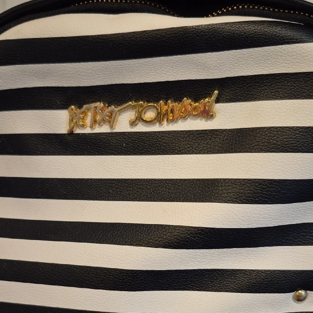 Betsey Johnson Black and White Embroidered Striped Backpack